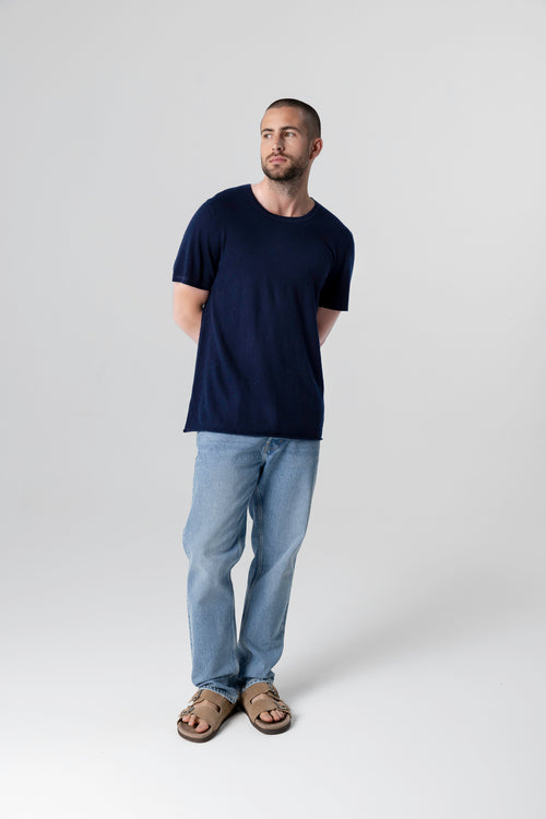 T-shirt Marine Col Rond Manches Courtes en Cachemire - MAJESTIC FILATURES