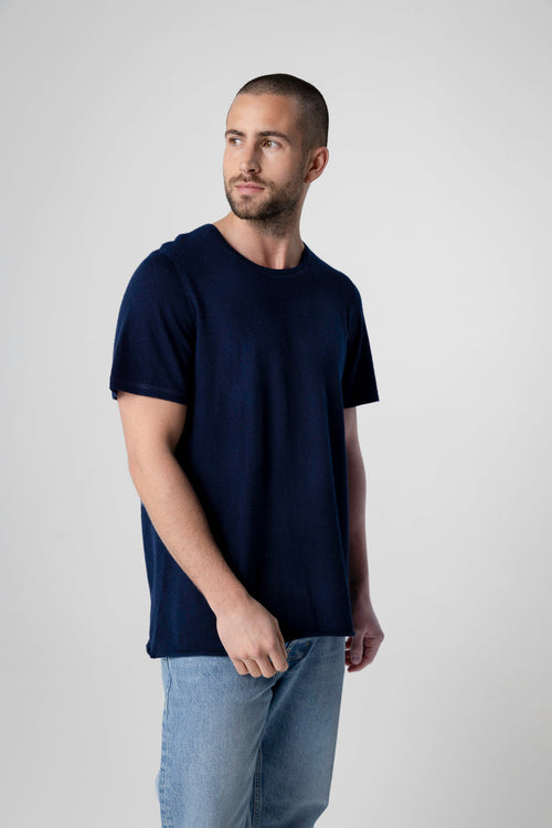 Kurzärmeliges Rundhals-T-Shirt aus Kaschmir in Marineblau - MAJESTIC FILATURES