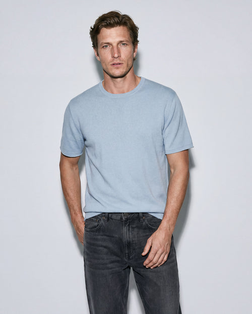 T-shirt Bleu Clair Col Rond Manches Courtes en Cachemire - MAJESTIC FILATURES
