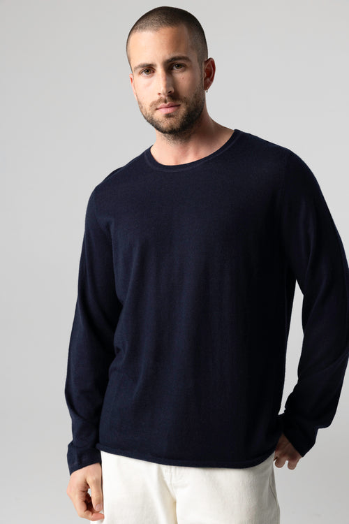 Langärmliges Rundhals-T-Shirt aus Kaschmir in Marineblau - MAJESTIC FILATURES