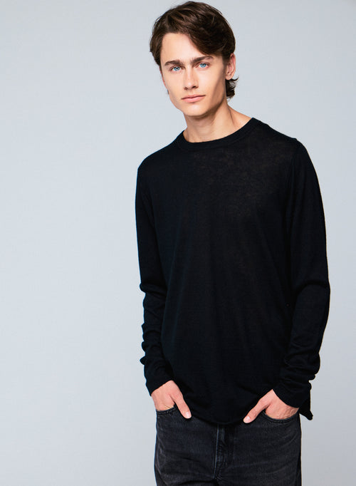 T-shirt Noir Col Rond Manches Courtes en Cachemire - MAJESTIC FILATURES
