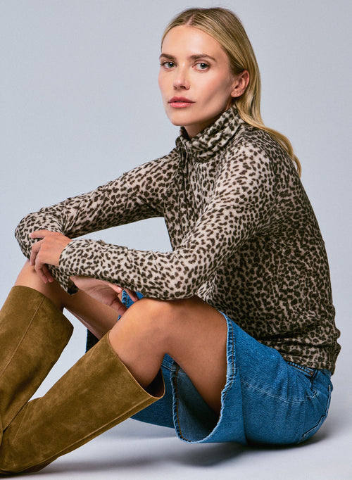 Beige langärmeliges Rollkragen-T-Shirt aus Bio-Baumwolle / Kaschmir - MAJESTIC FILATURES