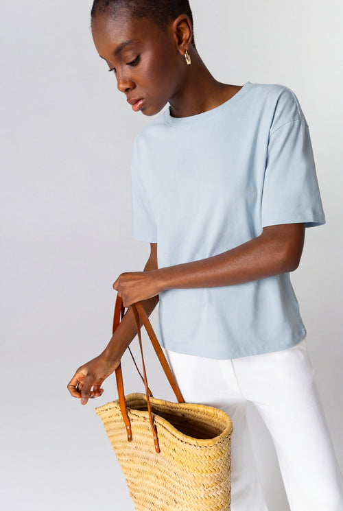 T-shirt Bleu Calanques Col Rond Manches courtes en Coton Organique / Polyamide - MAJESTIC FILATURES