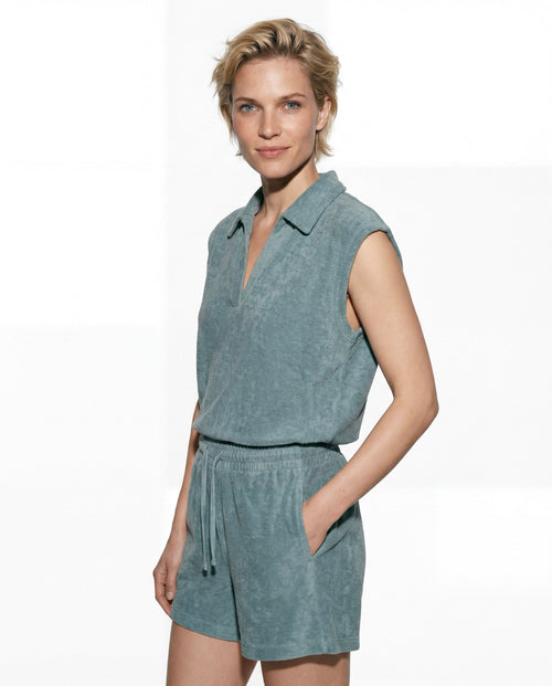 T-shirt Bleu Calanques Col Polo Sans Manches en Coton Organique / Polyamide - MAJESTIC FILATURES