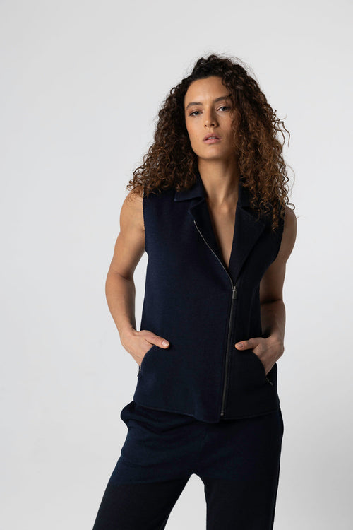 Ärmellose Jacke aus Baumwolle / Leinen / Bio-Baumwolle in Marineblau - MAJESTIC FILATURES