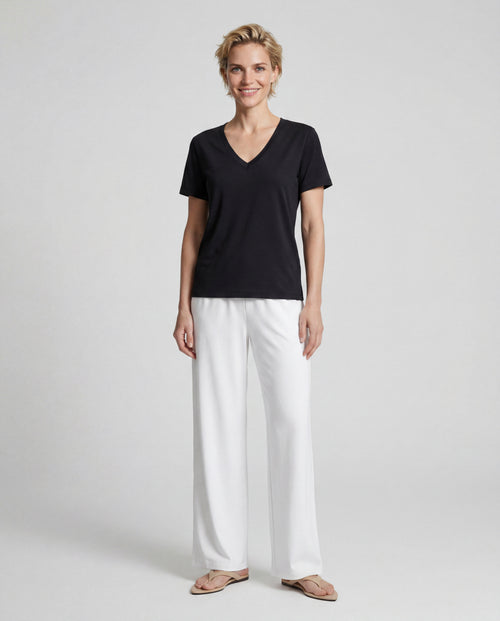 T-shirt Noir Col V Manches Courtes en Coton organique / Soie - MAJESTIC FILATURES
