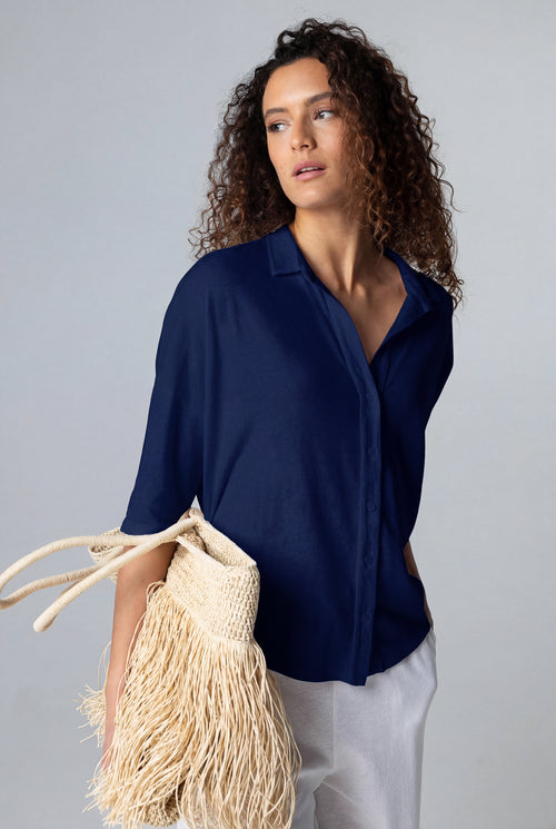 Chemise Marine Manches Courtes en Coton / Lin - MAJESTIC FILATURES