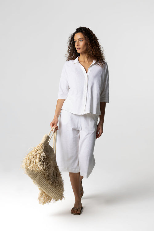 Kurzarmhemd aus Baumwolle/Leinen in Milchweiß - MAJESTIC FILATURES