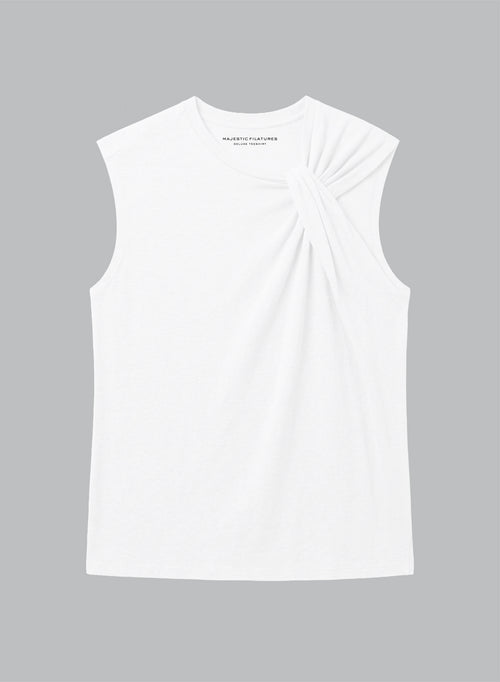 Ärmelloses Tanktop mit Knotenausschnitt aus Baumwolle/Leinen in Weiß - MAJESTIC FILATURES