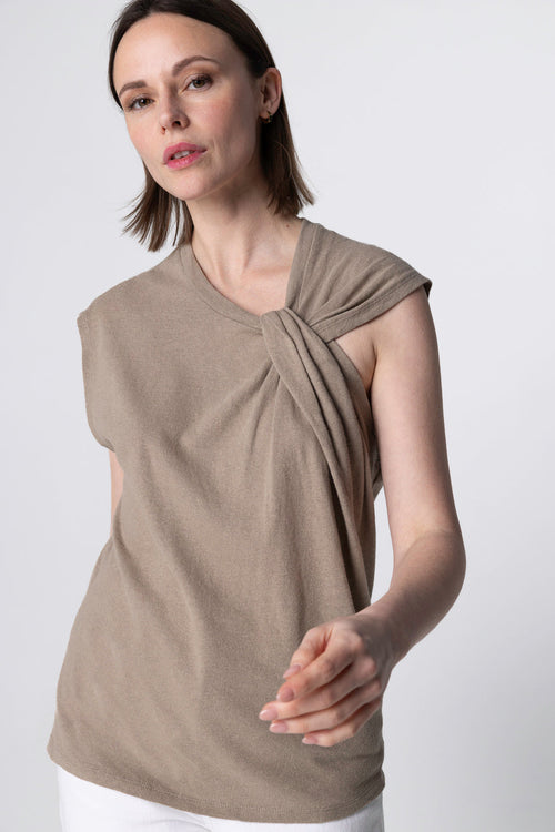 Débardeur Coffee Latte Col Noué Sans Manches en Coton / Lin - MAJESTIC FILATURES