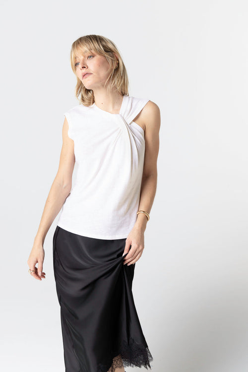 Ärmelloses Tanktop mit Knotenausschnitt aus Baumwolle/Leinen in Weiß - MAJESTIC FILATURES