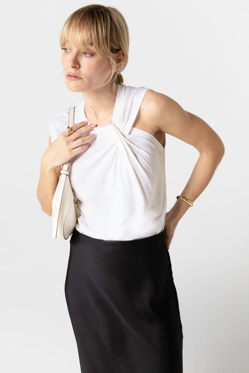 Ärmelloses Tanktop mit Knotenausschnitt aus Baumwolle/Leinen in Weiß - MAJESTIC FILATURES