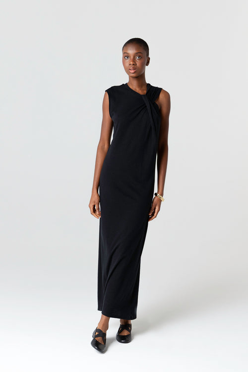 Robe Noir Col Noué Sans Manches en Coton / Lin - MAJESTIC FILATURES