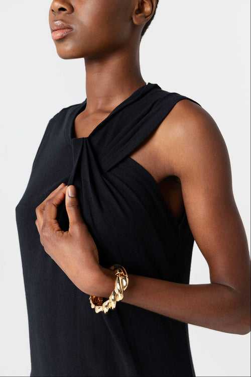 Robe Noir Col Noué Sans Manches en Coton / Lin - MAJESTIC FILATURES