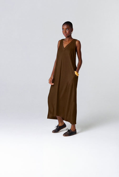 Robe Tonka Col V Sans Manches en Coton / Lin - MAJESTIC FILATURES