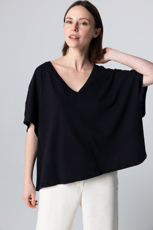 T-shirt Noir Col V Manches Courtes en Coton / Lin - MAJESTIC FILATURES