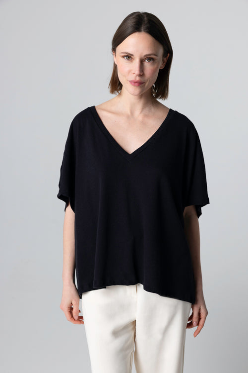 T-shirt Noir Col V Manches Courtes en Coton / Lin - MAJESTIC FILATURES