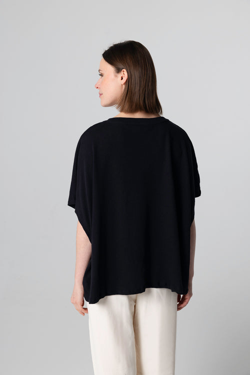 T-shirt Noir Col V Manches Courtes en Coton / Lin - MAJESTIC FILATURES