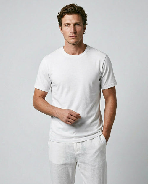 T-shirt Blanc Col Rond Manches Courtes en Coton / Lin - MAJESTIC FILATURES