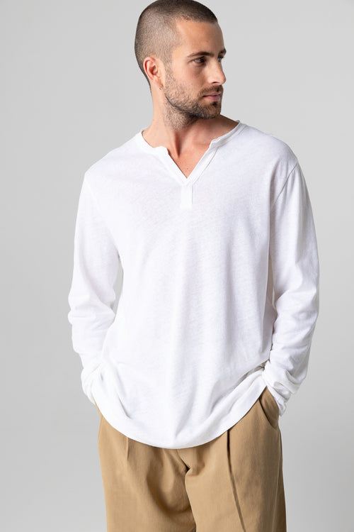 Tunesisches Langarmhemd aus Baumwolle/Leinen in Weiß - MAJESTIC FILATURES