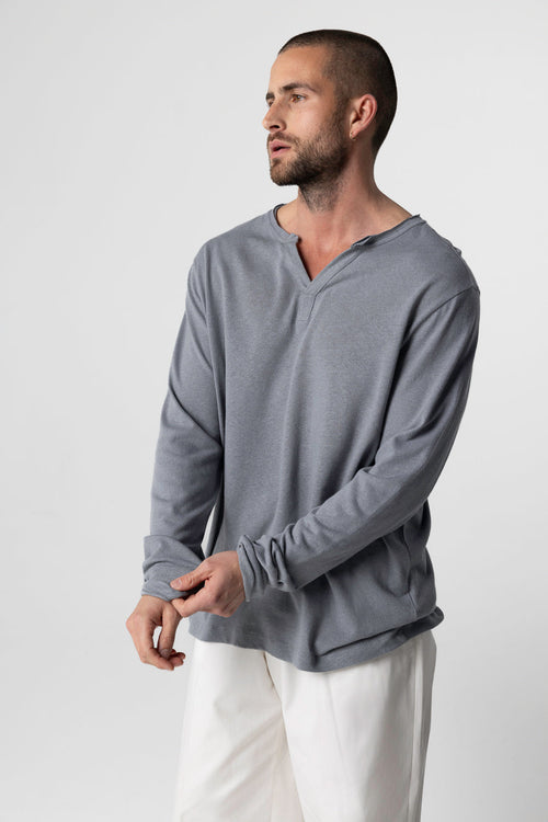 Langärmeliges tunesisches Hemd aus Baumwolle/Leinen in Grau - MAJESTIC FILATURES