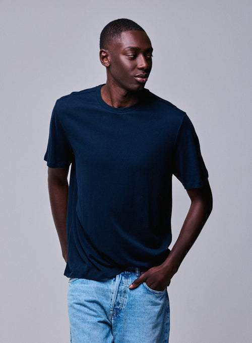Marine T-Shirt mit Rundhalsausschnitt und kurzen Ärmeln aus Baumwolle und Kaschmir - MAJESTIC FILATURES
