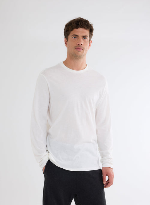 T-shirt Blanc Col Rond Manches Longues - MAJESTIC FILATURES