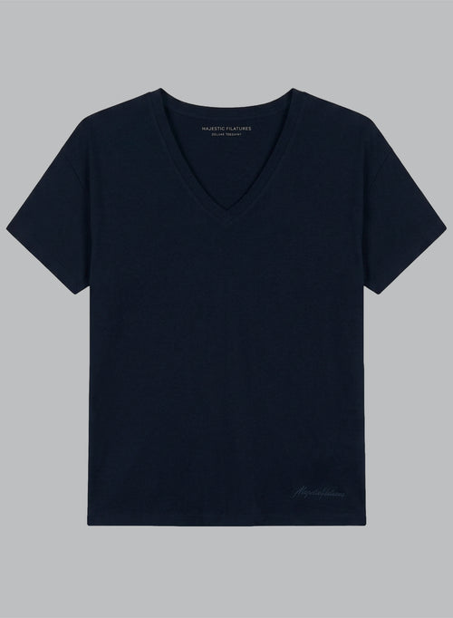 Kurzarm-T-Shirt mit V-Ausschnitt aus Bio-Baumwolle in Marineblau - MAJESTIC FILATURES
