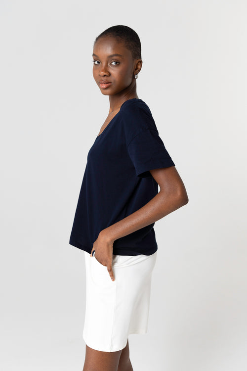 T-shirt Marine Col V Manches Courtes en Coton Organique - MAJESTIC FILATURES