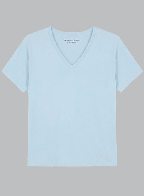 T-shirt Bleu Calanques Col V Manches Courtes en Coton organique - MAJESTIC FILATURES