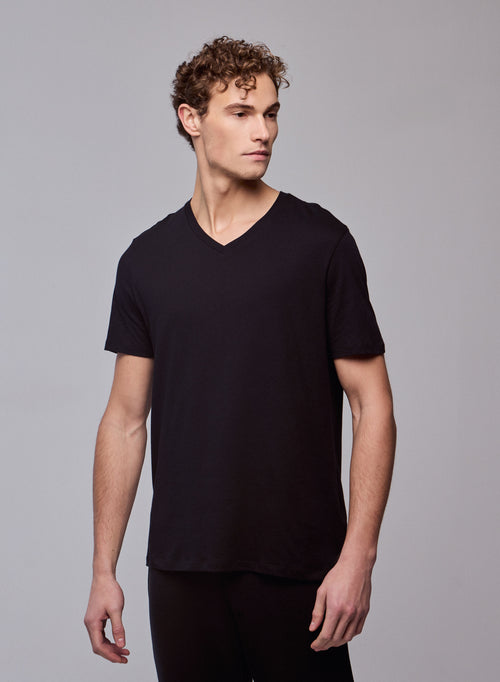 T-shirt Noir Paul Col V Manches Courtes en Coton - MAJESTIC FILATURES