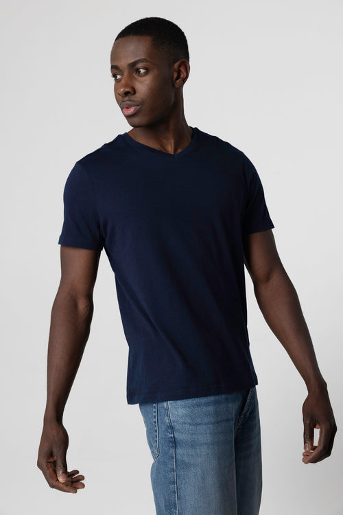 T-shirt Marine Paul Col V Manches Courtes en Coton - MAJESTIC FILATURES