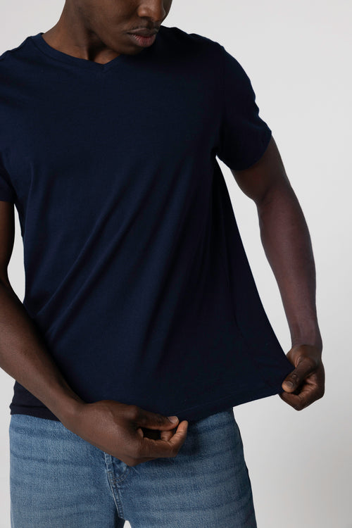 T-shirt Marine Paul Col V Manches Courtes en Coton - MAJESTIC FILATURES