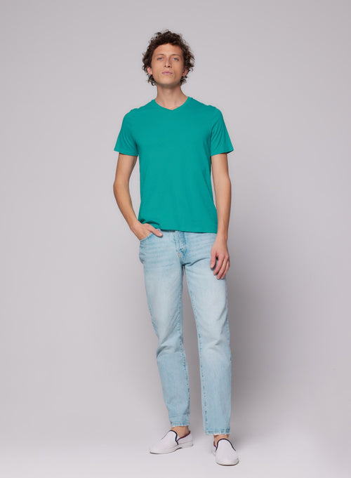 T-shirt Turquoise Paul Col V Manches Courtes en Coton - MAJESTIC FILATURES