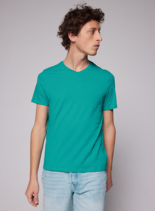 T-shirt Turquoise Paul Col V Manches Courtes en Coton - MAJESTIC FILATURES