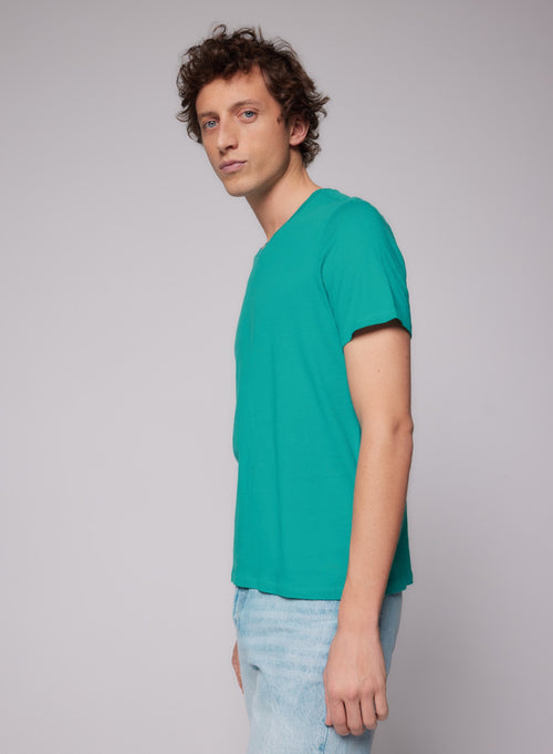 T-shirt Turquoise Paul Col V Manches Courtes en Coton - MAJESTIC FILATURES