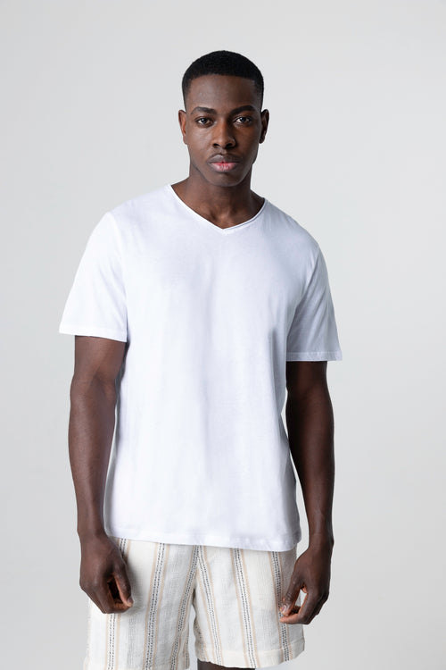 T-shirt Blanc Col V Manches Courtes en Coton organique - MAJESTIC FILATURES
