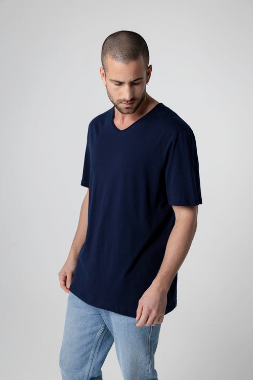 T-shirt Marine Col V Manches Courtes en Coton organique - MAJESTIC FILATURES