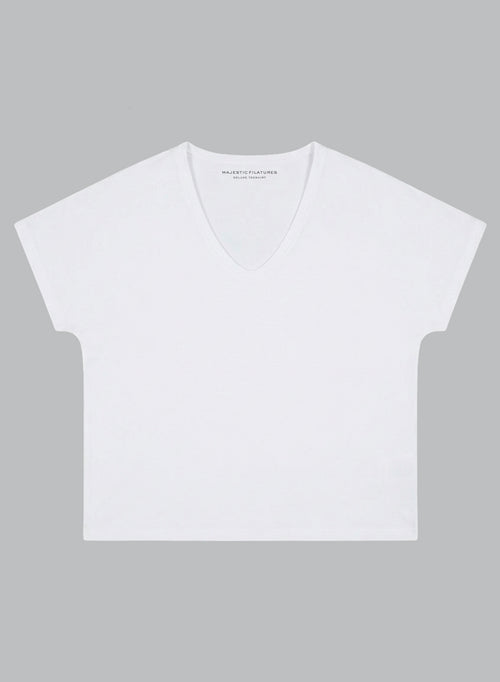 T-shirt Blanc Col V Manches Courtes en Coton Supima - MAJESTIC FILATURES