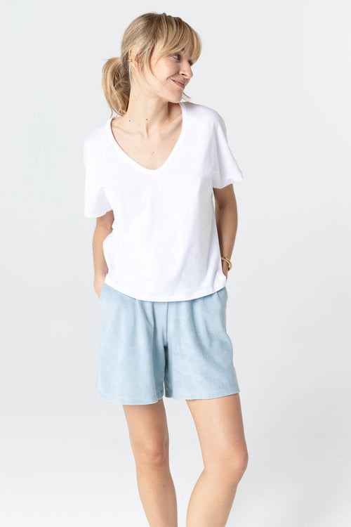 T-shirt Blanc Col V Manches Courtes en Coton Supima - MAJESTIC FILATURES