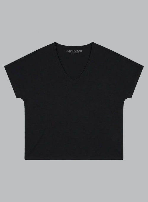 Kurzärmeliges T-Shirt mit V-Ausschnitt aus Supima-Baumwolle in Schwarz - MAJESTIC FILATURES