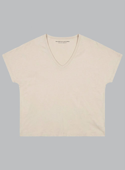 Kurzärmeliges T-Shirt mit V-Ausschnitt aus Supima-Baumwolle in Beige - MAJESTIC FILATURES