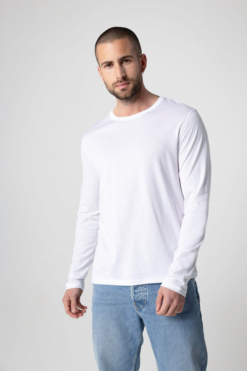 T-shirt Blanc Col Rond Manches Longues en Coton Supima - MAJESTIC FILATURES