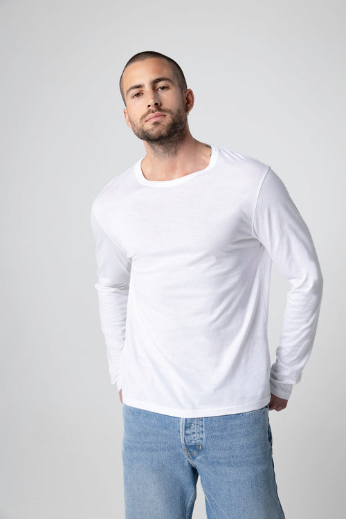 T-shirt Blanc Col Rond Manches Longues en Coton Supima - MAJESTIC FILATURES