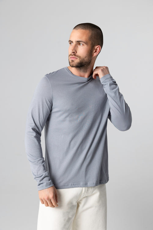 T-shirt Gris Col Rond Manches Longues en Coton supima - MAJESTIC FILATURES