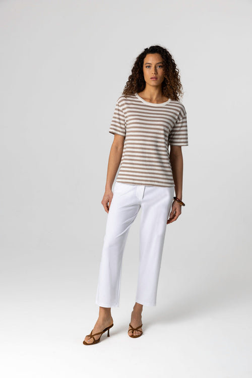 Kurzarm T-Shirt mit Rundhalsausschnitt aus Baumwolle/Leinen mit braunen Streifen - MAJESTIC FILATURES