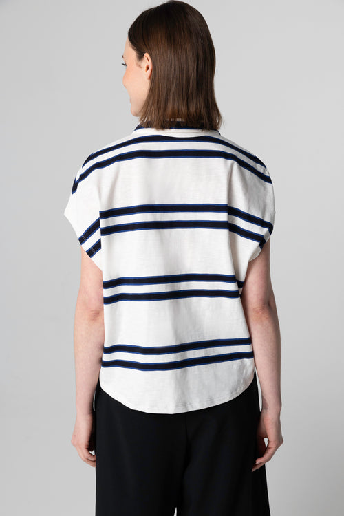 Weiß gestreiftes kurzarm T-Shirt mit Polokragen aus Bio-Baumwolle - MAJESTIC FILATURES