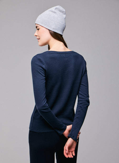 T-shirt Bleu / Gris Col V Manches Longues en Coton organique / Cachemire - MAJESTIC FILATURES