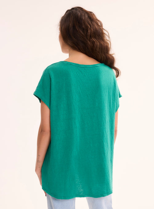 T-shirt Vert Col V Manches Courtes en Lin / Elasthanne - MAJESTIC FILATURES
