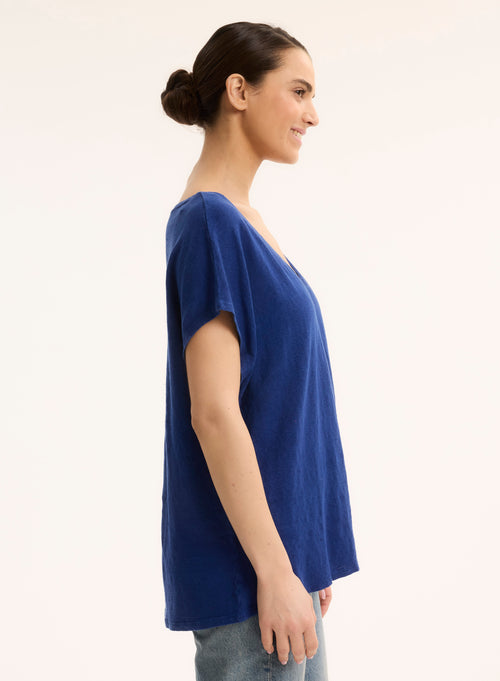 Tee shirt Bleu Col V Manches Courtes - MAJESTIC FILATURES